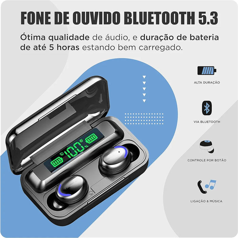 Fone de ouvido bluetooth 5.3 - Função power bank e mostrador digital