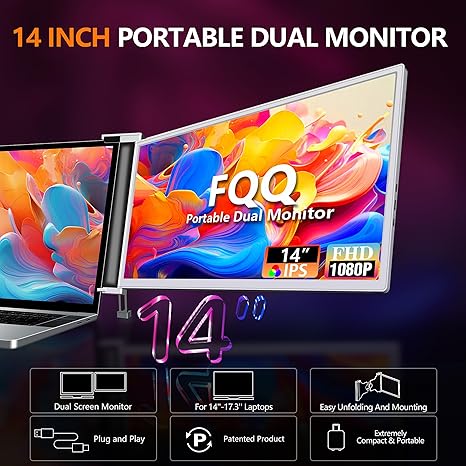 Extensor de monitor de laptop duplo de 14 polegadas - Extensor de tela portátil FHD 1080p IPS com porta USB-C e Mini HDMI, Plug & Play, fácil de transportar, tela lateral leve para laptops de 14 a